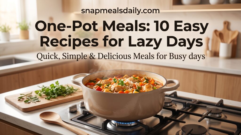 one-pot meals 10 Easy Recipes for Lazy Days banner featuring a delicious one-pot cooking pot in a modern kitchen