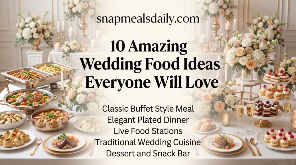 Amazing wedding food meal ideas with elegant buffet, desserts and plated dinner setup