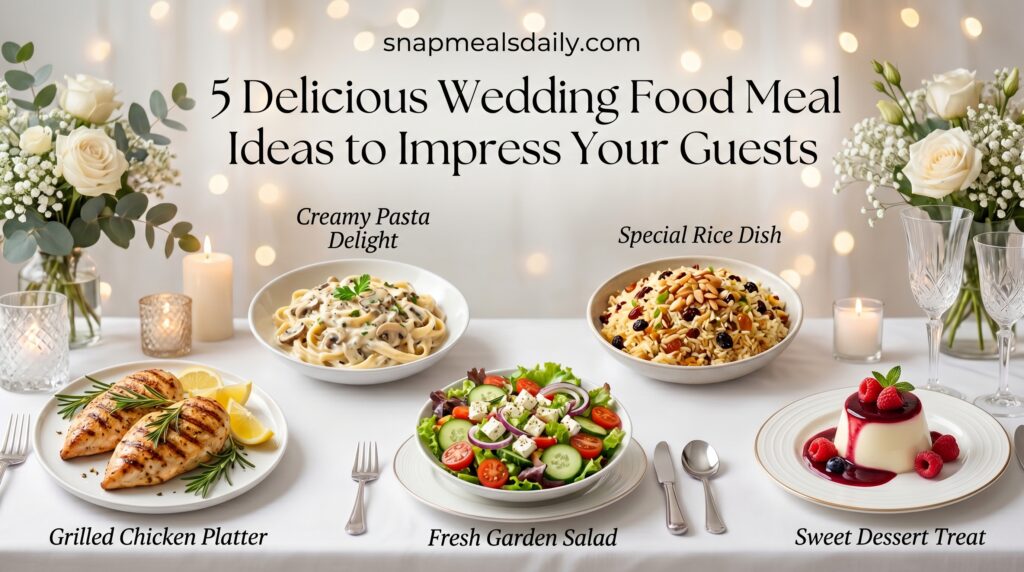Wedding food meal ideas displayed on an elegant decorated reception table
