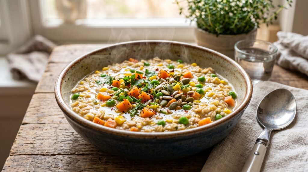 A healthy food spread featuring low calorie recipes including grilled chicken, salad, avocado toast, soup, yogurt, and detox juice arranged on a bright wooden table.