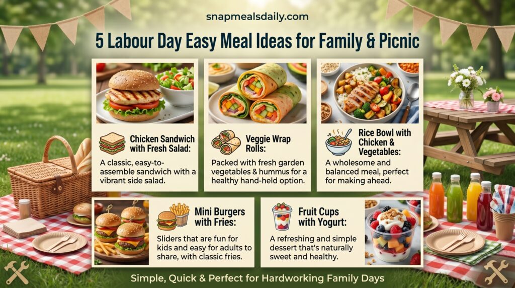 Labour Day easy meal ideas including breakfast, lunch, BBQ, and picnic food arranged for family outdoor celebration.