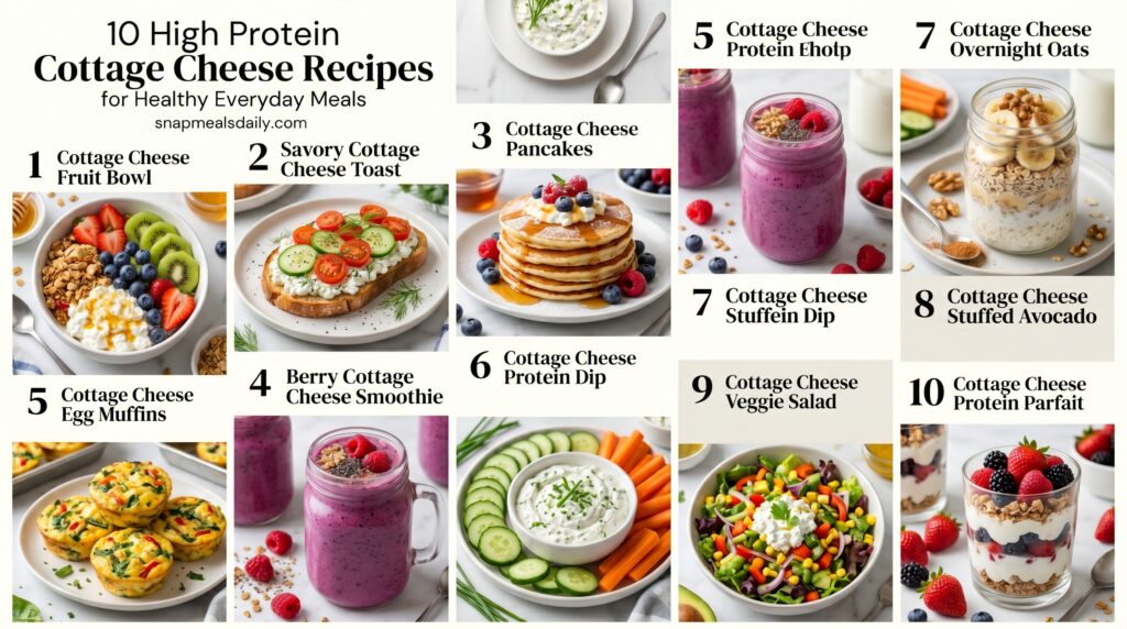Healthy high protein cottage cheese recipes served on a table with breakfast bowls, smoothies, pancakes, and fresh ingredients