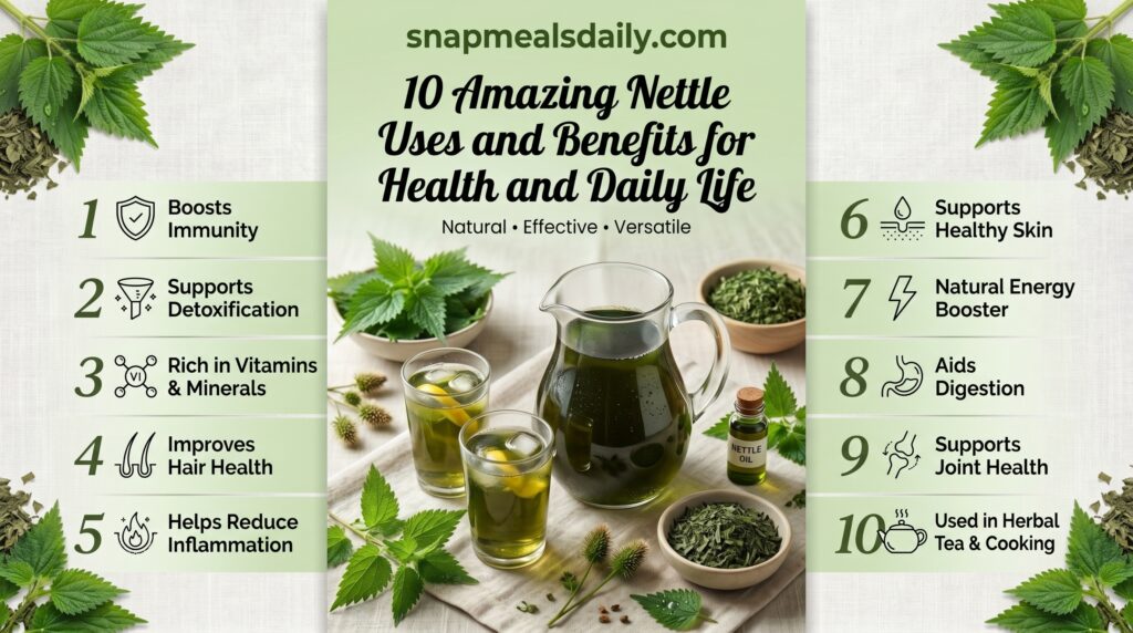 Fresh green nettle uses leaves used for herbal tea and healthy remedies