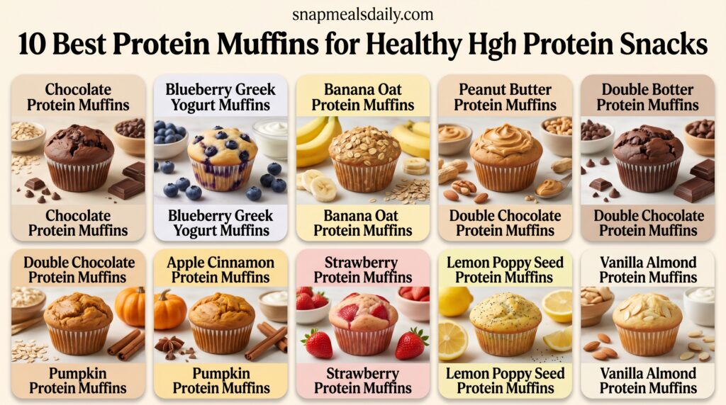 Fresh homemade protein muffins and high protein snack bars arranged on a wooden table with healthy ingredients.
