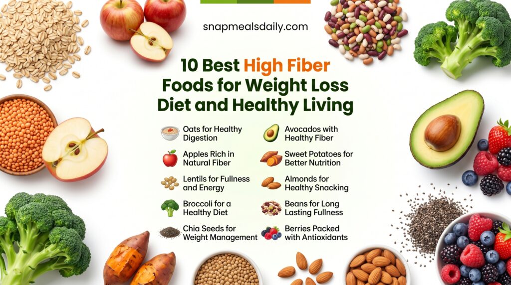 Healthy high fiber foods for weight loss diet including oats fruits vegetables beans and whole grains on a wooden table