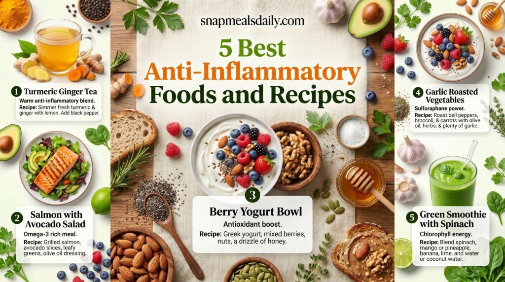 Healthy anti-inflammatory foods like berries, oats, green vegetables, turmeric rice, and ginger lemon tea for natural healing and wellness