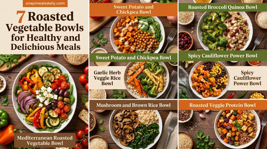 Colourful roasted vegetable bowls with quinoa, fresh vegetables, and healthy toppings