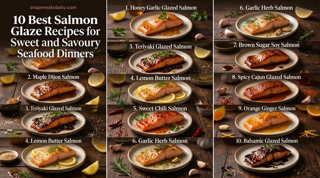 Salmon Glaze Recipes fillets served with vegetables and rice on a dinner plate