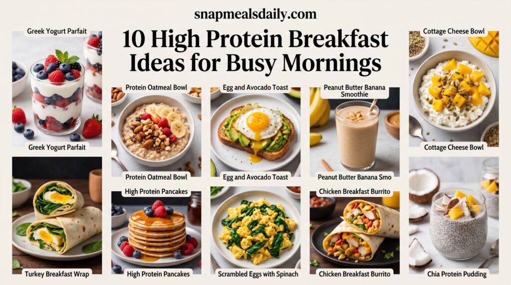 Healthy high protein breakfast ideas on a table
