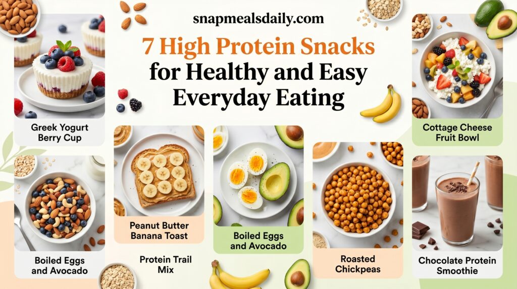 Healthy high protein snacks including yogurt bowls, protein toast, lettuce wraps, tuna crackers, and energy balls on a wooden table