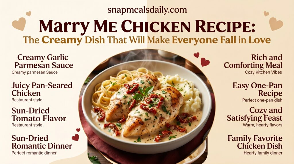 Creamy Marry Me Chicken Recipe with parmesan sauce and sun-dried tomatoes in a skillet