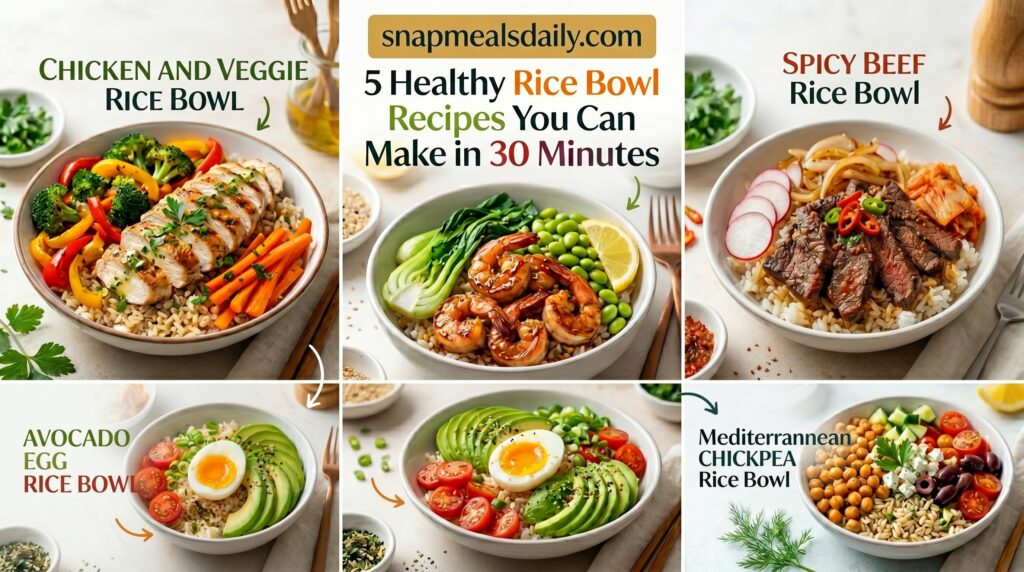 Healthy Rice Bowl Recipes with vegetables, chicken, avocado, and brown rice in a bowl