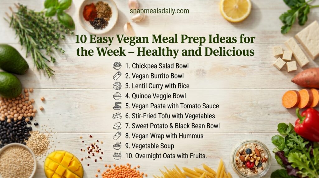 Vegan meal prep ideas for the week with healthy plant-based dishes in containers
