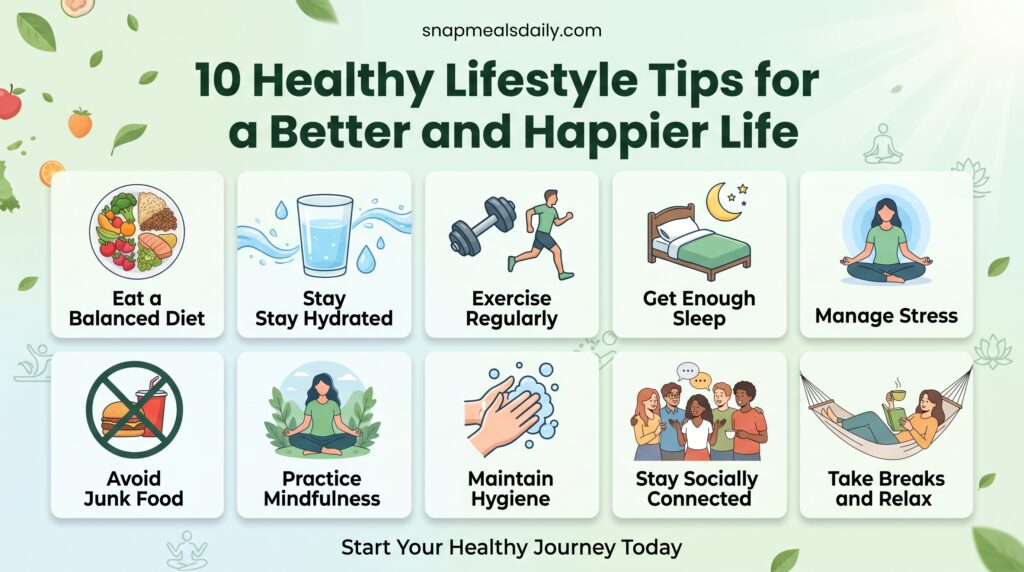 healthy lifestyle tips for better life, fitness routine, healthy food, daily habits, happy lifestyle concept