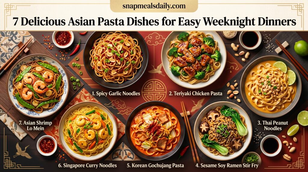 Delicious Asian pasta dishes served with vegetables, noodles, garlic sauce, and fresh herbs
