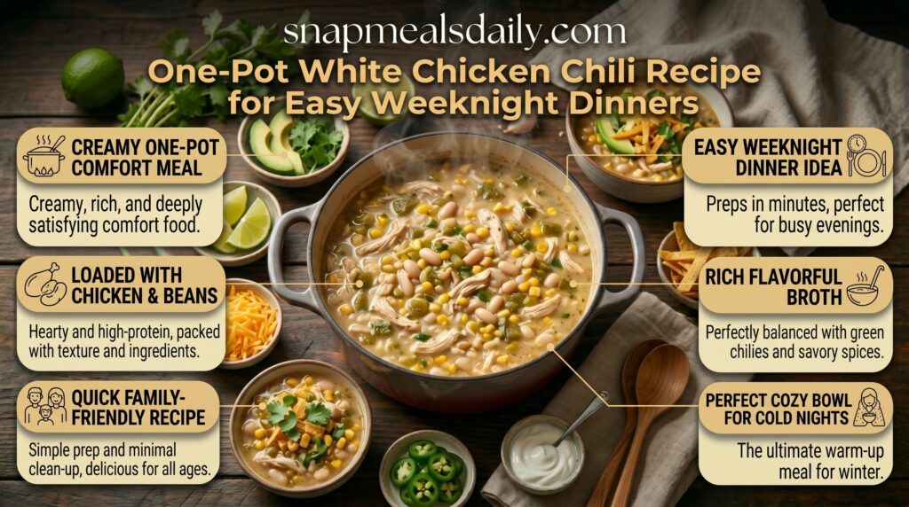 Creamy White Chicken Chili Recipe in a bowl topped with sour cream jalapeño and tortilla chips