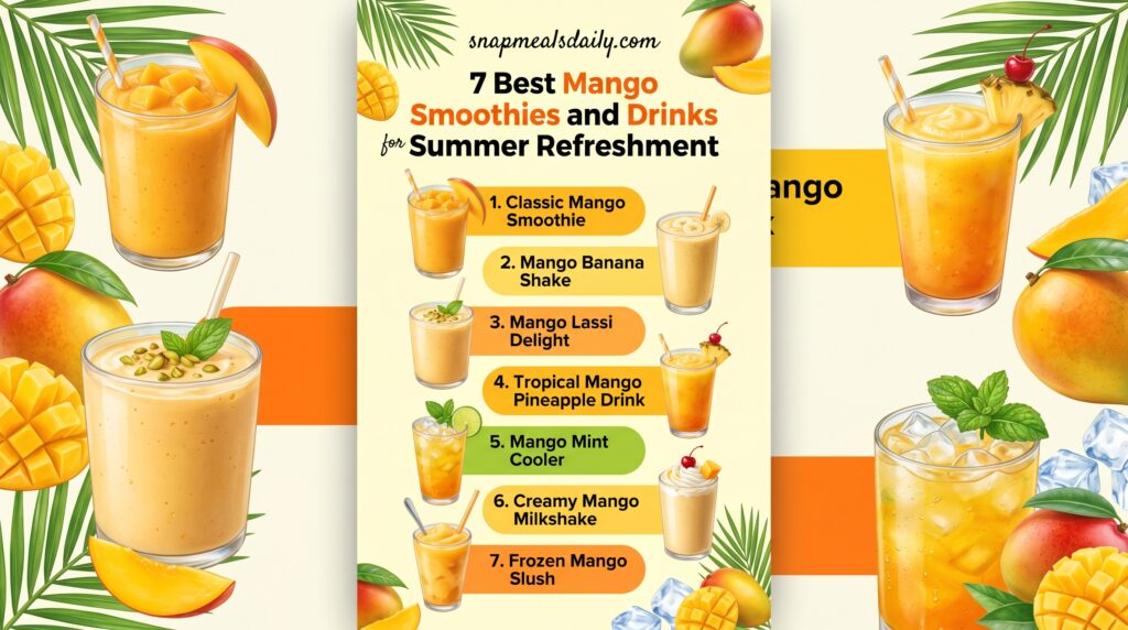 Refreshing mango smoothies and drinks served in chilled glasses with fresh mango slices