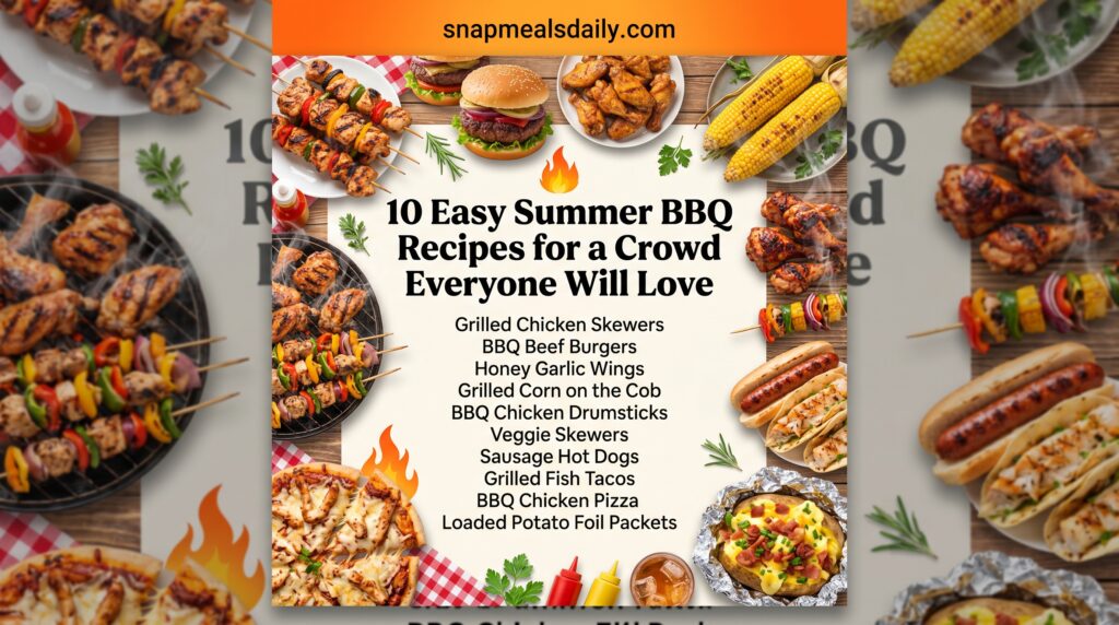 Summer BBQ recipes for a crowd with grilled chicken, burgers, corn, and skewers served at an outdoor party
