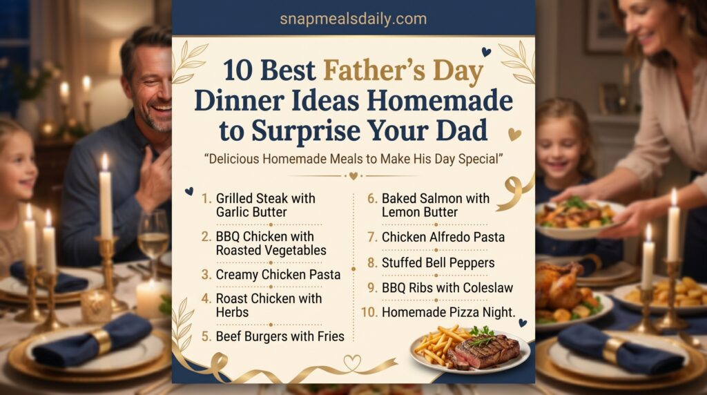 Father's day dinner ideas homemade with steak, pasta, and dessert served on dining table