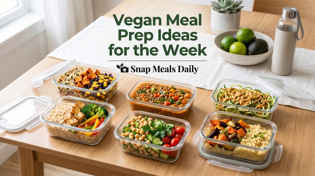 Vegan meal prep ideas for the week showing colorful healthy meal prep boxes with rice, chickpeas, tofu, vegetables, and quinoa on a clean kitchen table with brand title Snap Meals Daily in the center.