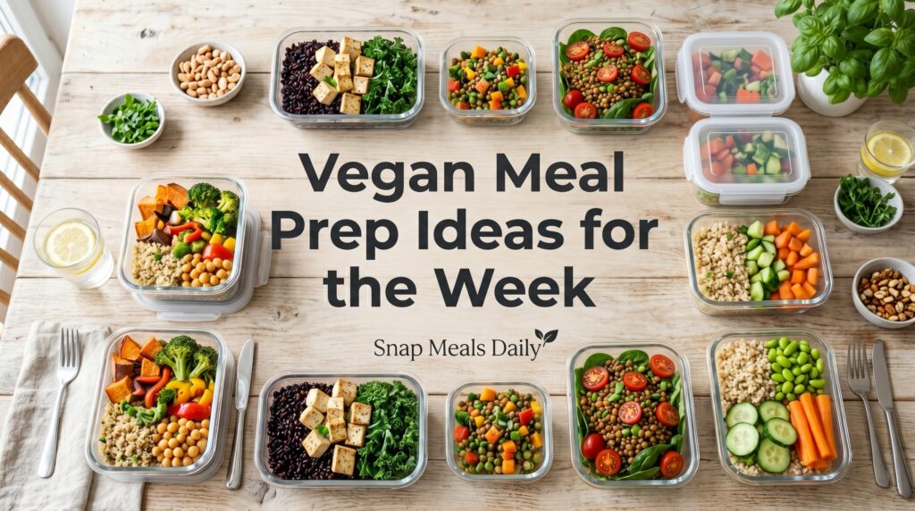 Vegan meal prep ideas for the week showing colorful healthy meal prep boxes with rice, chickpeas, tofu, vegetables, and quinoa on a clean kitchen table with brand title Snap Meals Daily in the center.