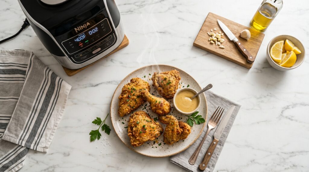 Crispy golden air fryer chicken served on a plate in a modern kitchen, beginner-friendly easy homemade chicken recipe, healthy cooking concept