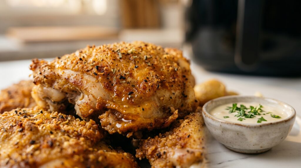 Crispy golden air fryer chicken served on a plate in a modern kitchen, beginner-friendly easy homemade chicken recipe, healthy cooking concept