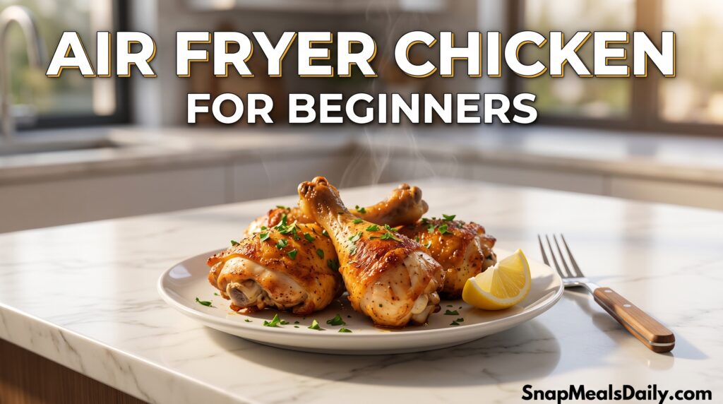 Crispy golden air fryer chicken served on a plate in a modern kitchen, beginner-friendly easy homemade chicken recipe, healthy cooking concept