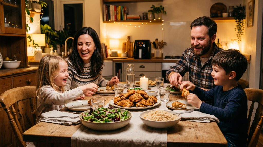 Air fryer chicken recipes for beginners served as a family dinner with crispy chicken on table, warm home meal idea with easy healthy cooking for beginners
