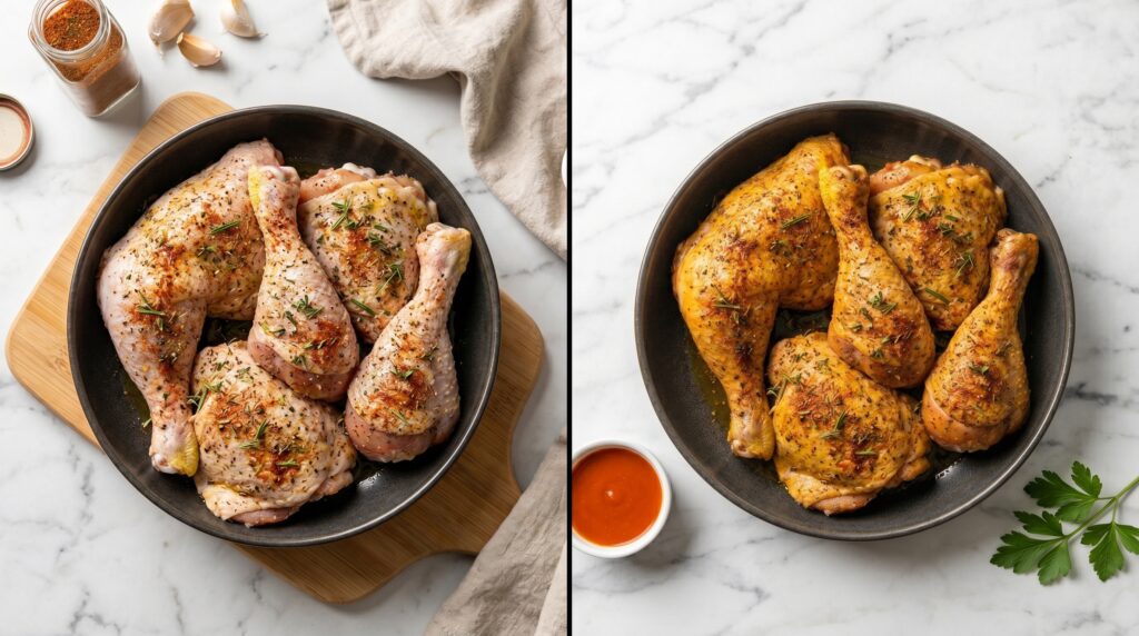 Air fryer chicken recipes for beginners showing before and after transformation from raw seasoned chicken to crispy golden cooked chicken, easy homemade cooking process