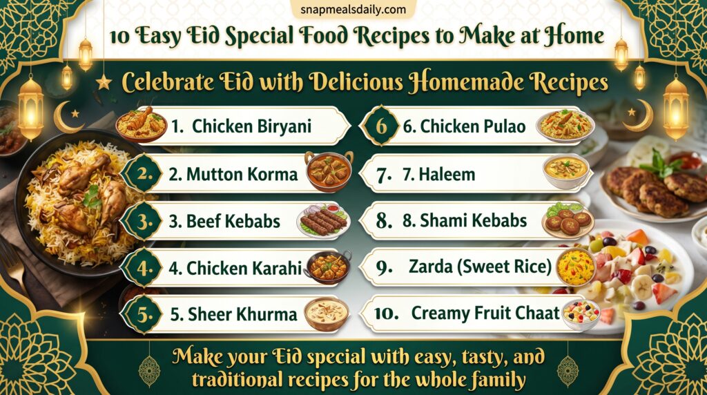 Eid special food recipes easy at home with biryani, korma, kebabs, and desserts beautifully served on dining table