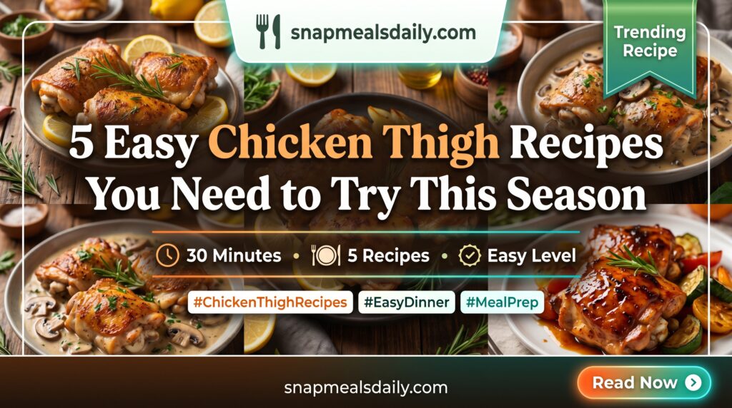Juicy baked Easy Chicken Thigh Recipes thighs with crispy golden skin on a white plate, garnished with fresh herbs and lemon slices