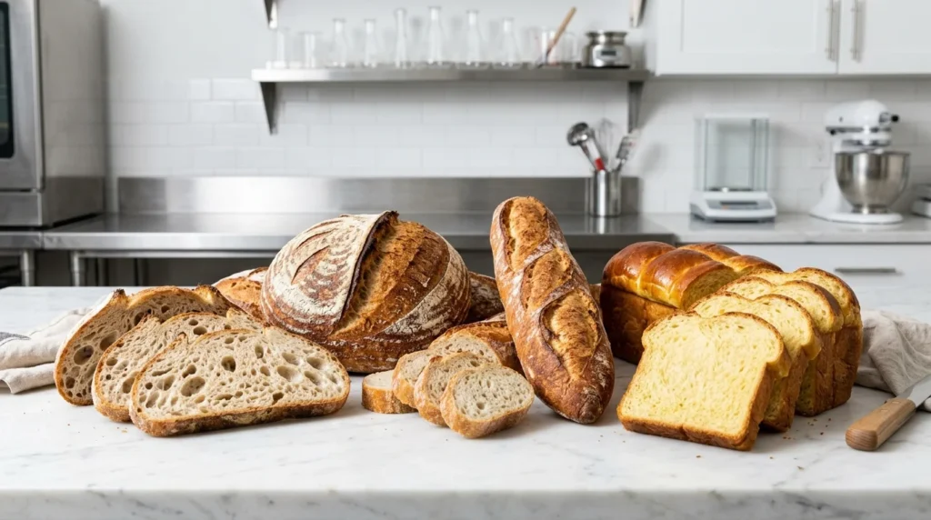An analytical display of various bread types on a clean white marble counter, exploring the culinary science needed to select the perfect bread base for baking.