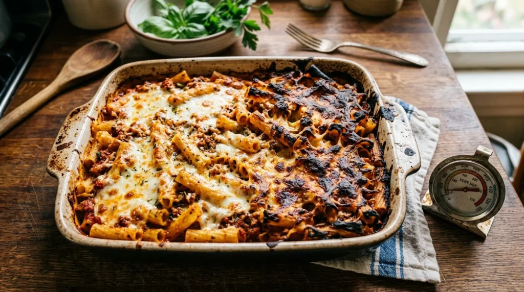 Overhead view of baked ziti showing the effects of excessively high oven temperatures on the cheese crust.
