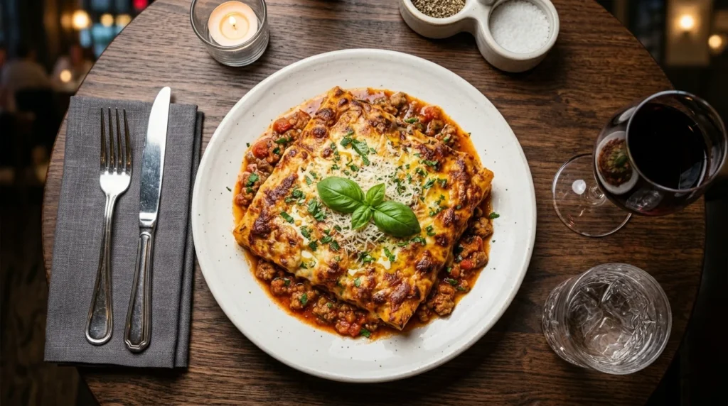 Bubbly cheese crust on a finished traditional baked ziti recipe dish.