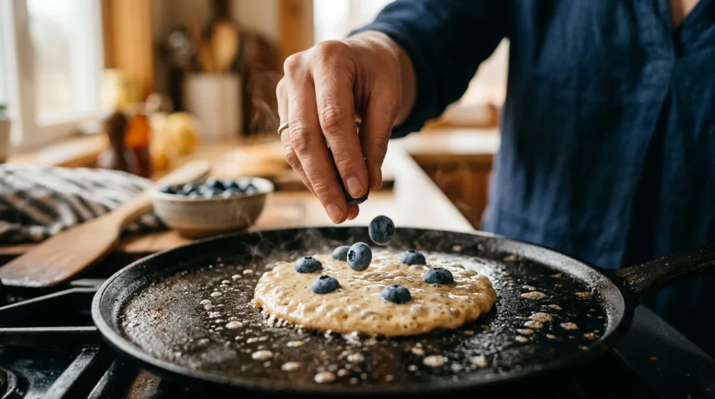 Dropping fresh blueberries onto cooking pancakes to prevent burning.