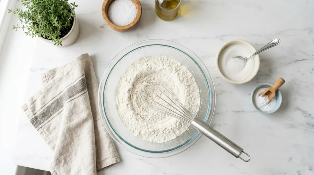 Measuring dry ingredients for a homemade fluffy pancakes recipe.