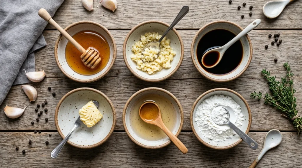 Ingredients for making the perfect Honey Garlic Chicken glaze
