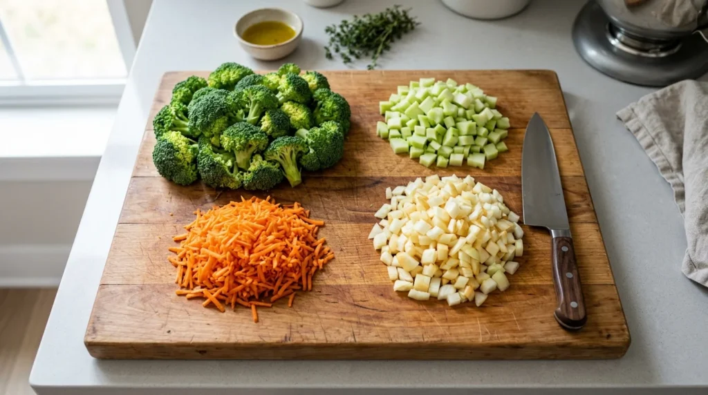 Fresh vegetables prepared and chopped for homemade Broccoli Cheddar Soup.