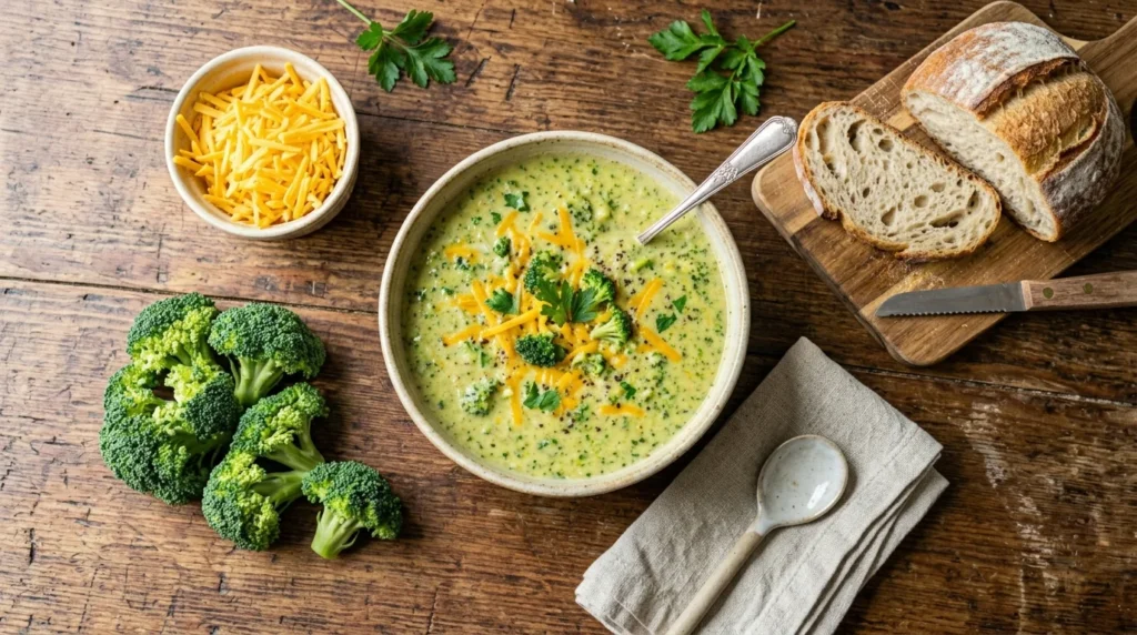 Top view of Broccoli Cheddar Soup with fresh ingredients and bread