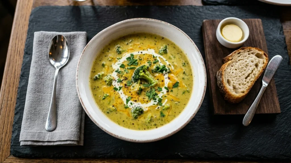 Restaurant-style top view of Broccoli Cheddar Soup served elegantly with bread and garnish.