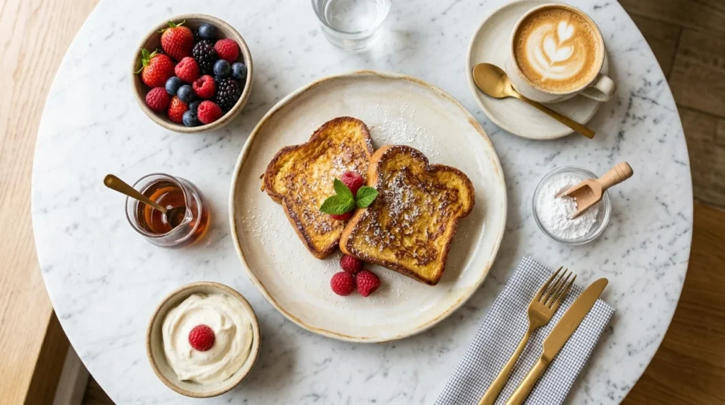 Top view of french toast with toppings served separately for maximum crispiness.
