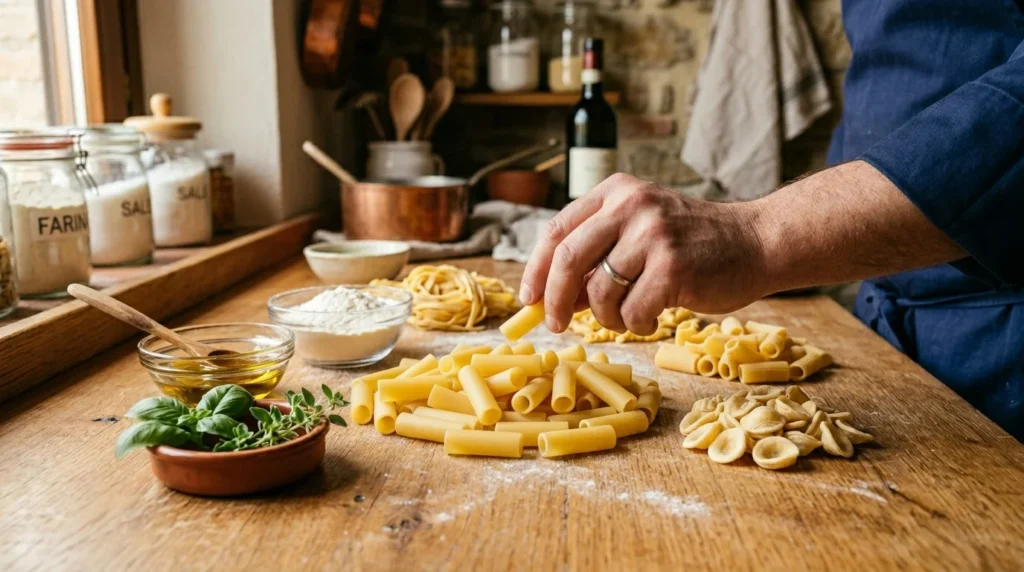 High quality raw noodles selected for building a perfect baked ziti recipe.