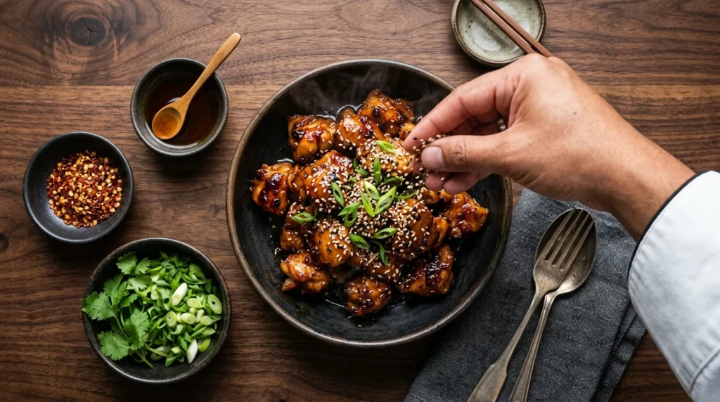 Chef adding sesame seeds and herbs to enhance the flavor of Honey Garlic Chicken
