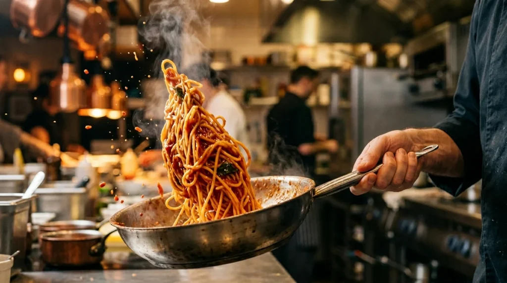 Spaghetti being finished in sauce for maximum flavor and glossy texture.