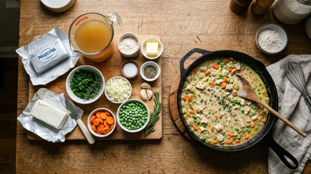 Cream cheese and ingredients prepared for creating a rich Chicken Pot Pie filling