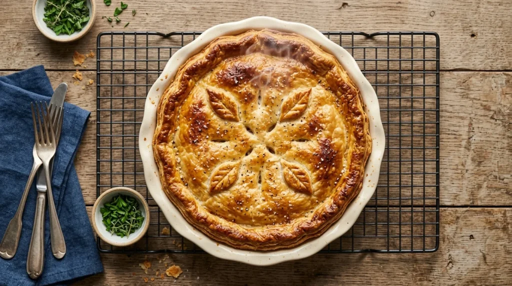 Freshly baked Chicken Pot Pie cooling after achieving a golden flaky crust