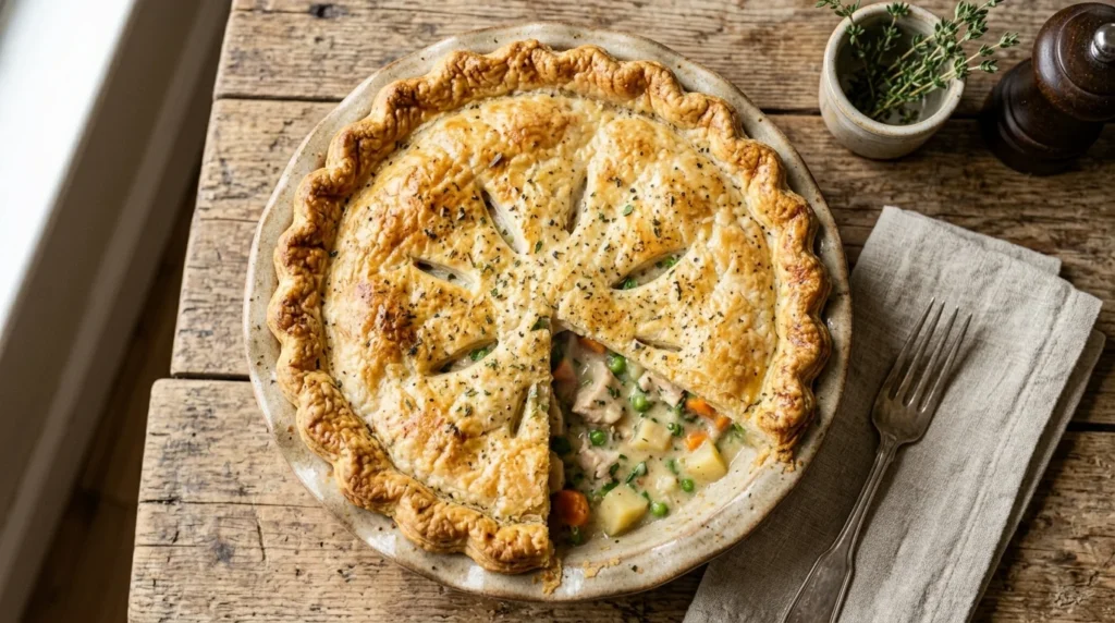 Freshly baked Chicken Pot Pie with creamy chicken filling and golden flaky crust served in a restaurant-style dish
