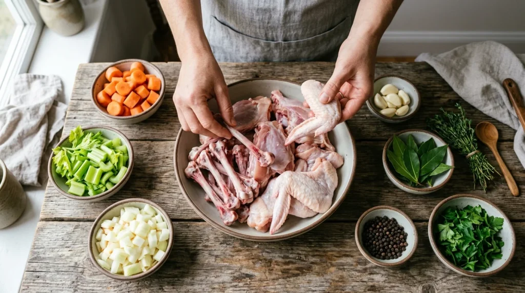 Raw chicken bones and poultry pieces arranged with vegetables and herbs for homemade broth preparation.