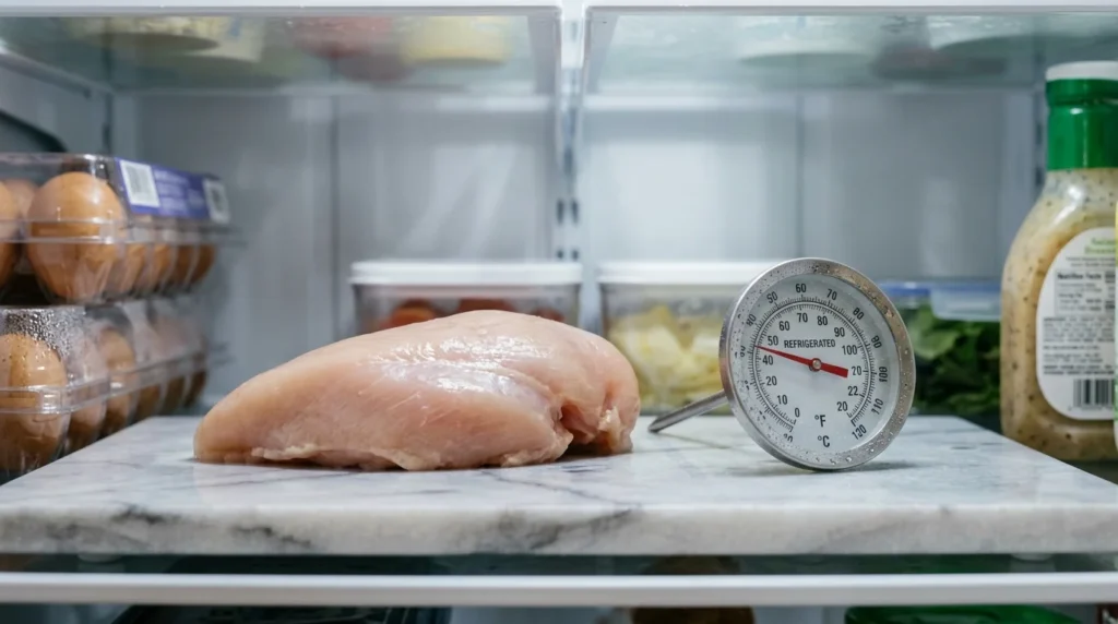 A raw baked chicken breast reaching room temperature on a counter before seasoning.